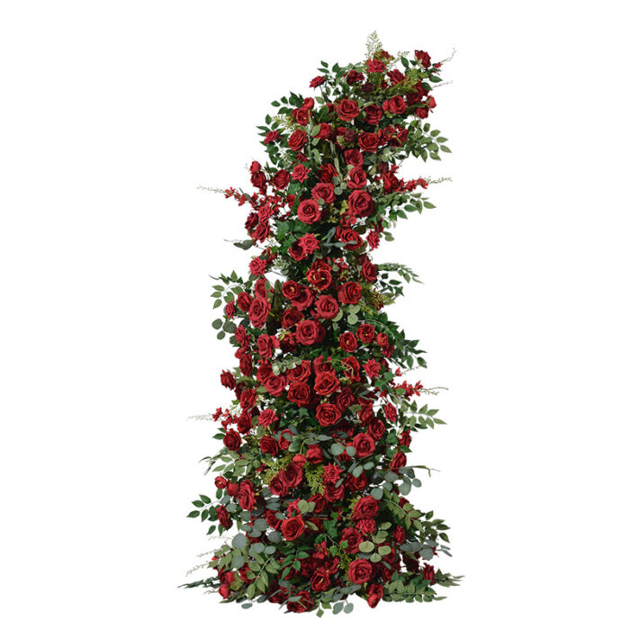 Passionate Burgundy Rose Wedding Arch with Eucalyptus Garland, Reception Backdrop Decor