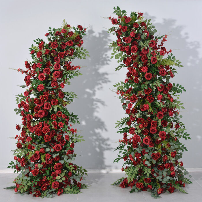 Passionate Burgundy Rose Wedding Arch with Eucalyptus Garland, Reception Backdrop Decor