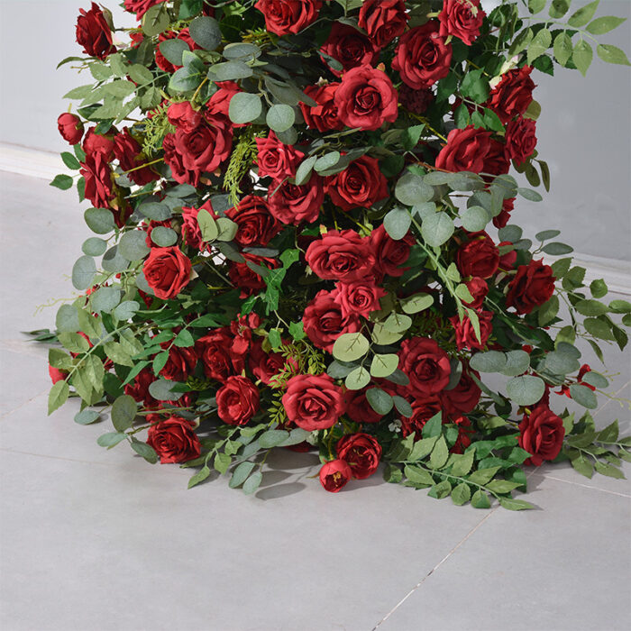 Passionate Burgundy Rose Wedding Arch with Eucalyptus Garland, Reception Backdrop Decor