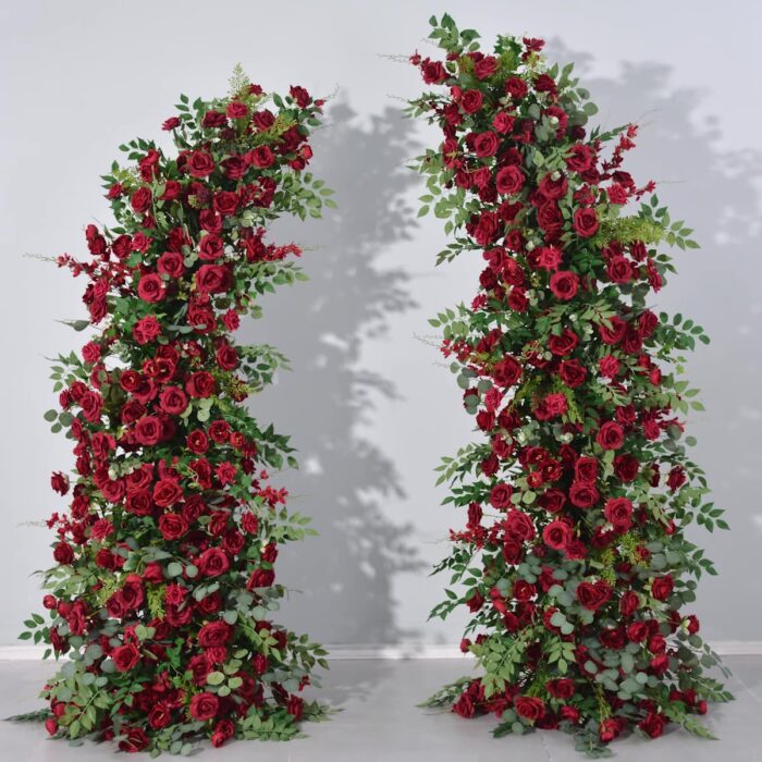 Passionate Burgundy Rose Wedding Arch with Eucalyptus Garland, Reception Backdrop Decor