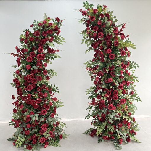 Passionate Burgundy Rose Wedding Arch with Eucalyptus Garland, Reception Backdrop Decor