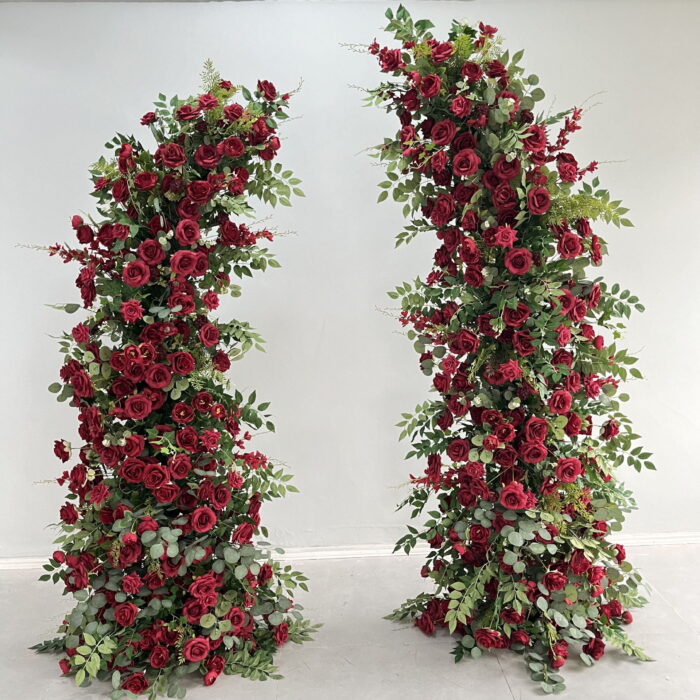 Passionate Burgundy Rose Wedding Arch with Eucalyptus Garland, Reception Backdrop Decor