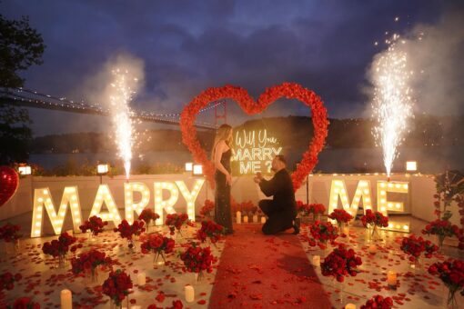 Red Rose Backdrop and Heart Arch for a Heartfelt Proposal Moment
