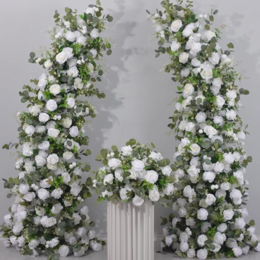 Romantic White Rose and Eucalyptus Wedding Arch, Elegant Floral Arrangement for Ceremony