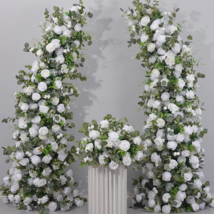 Romantic White Rose and Eucalyptus Wedding Arch, Elegant Floral Arrangement for Ceremony