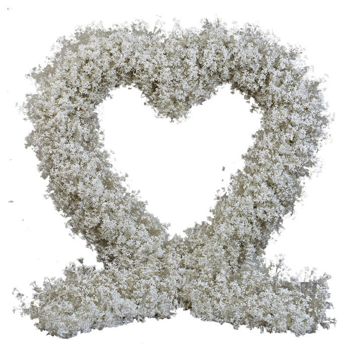 Serene Heart-Shaped Wedding Arch with Baby’s Breath for Tranquil Event Backdrop