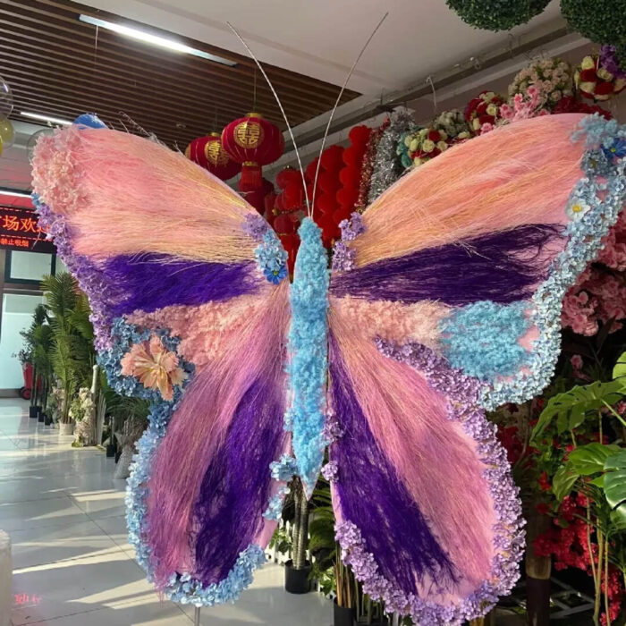 Spring-Themed Gradient Pink and Purple Butterfly Backdrop with Artistic Floral Details