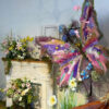 Spring-Themed Gradient Pink and Purple Butterfly Backdrop with Artistic Floral Details