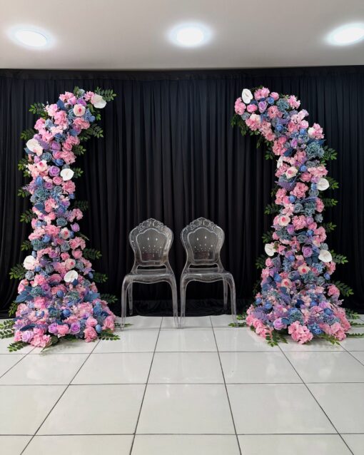 Spring Wedding Double Arch with Pink and Purple Flower Decorations
