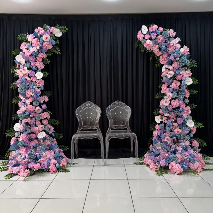 Spring Wedding Double Arch with Pink and Purple Flower Decorations