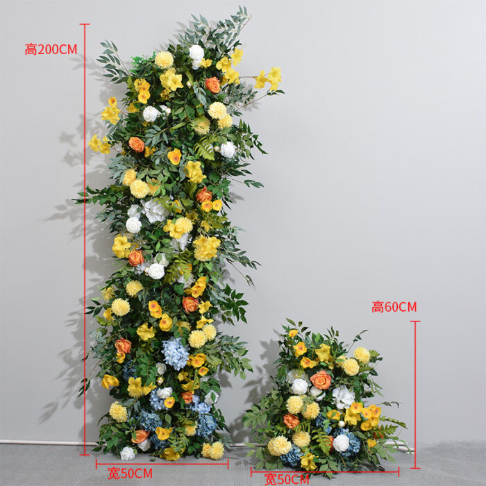 Spring Yellow Flower Wedding Arch – Silk Flower Row with Green Leaves for Custom Decorations