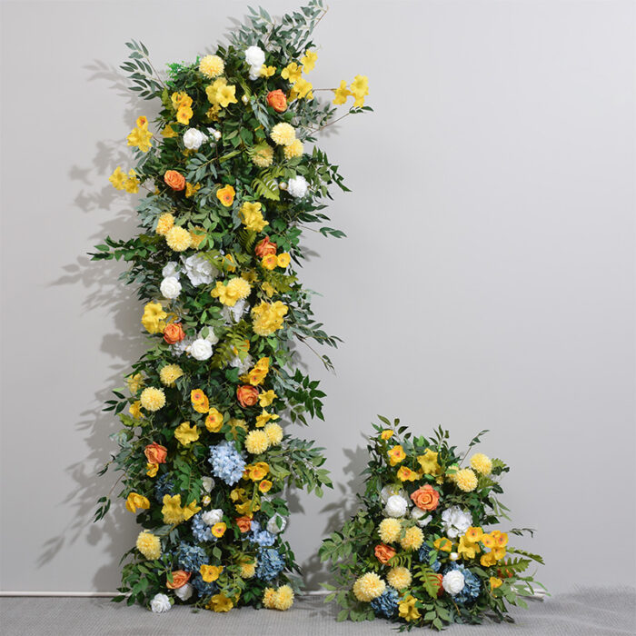 Spring Yellow Flower Wedding Arch – Silk Flower Row with Green Leaves for Custom Decorations