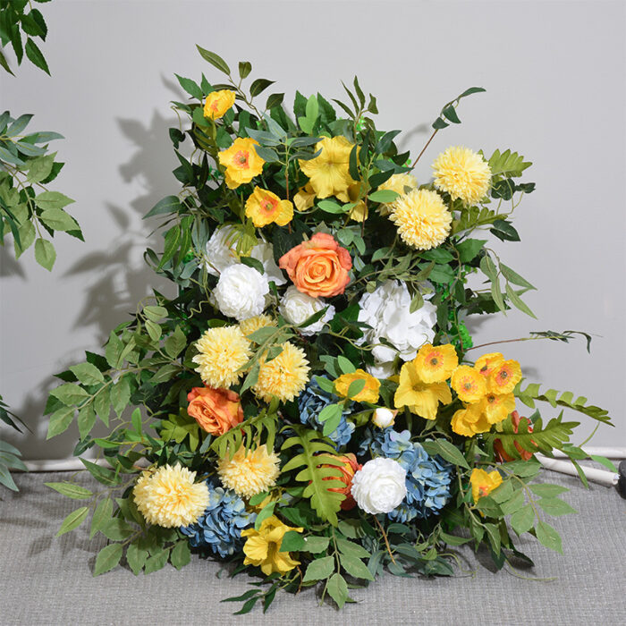 Spring Yellow Flower Wedding Arch – Silk Flower Row with Green Leaves for Custom Decorations