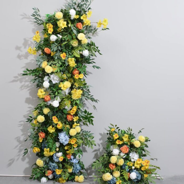 Spring Yellow Flower Wedding Arch – Silk Flower Row with Green Leaves for Custom Decorations