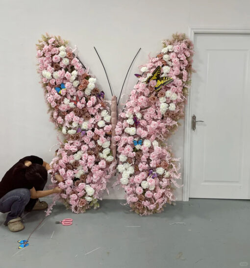 Vintage Butterfly Backdrop with Pink and White Roses for Elegant Garden Events