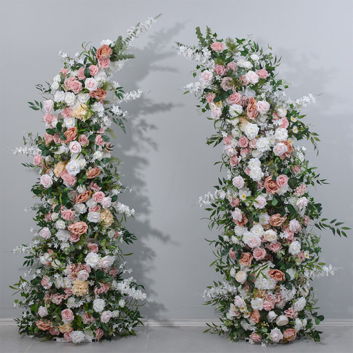 Vintage Pink Roses and Moon Shape Wedding Arch, Elegant Floral Decor for Retro Weddings
