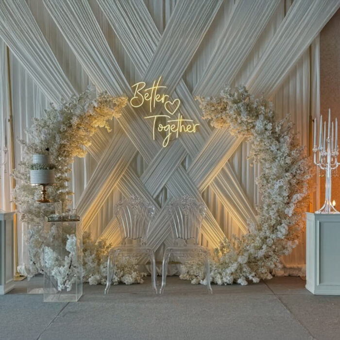 Whimsical Crescent Arch with Double Stand and White Wedding Flowers for a Fairy Tale Ceremony
