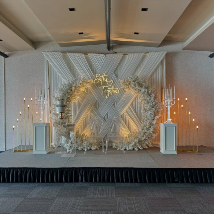 Whimsical Crescent Arch with Double Stand and White Wedding Flowers for a Fairy Tale Ceremony