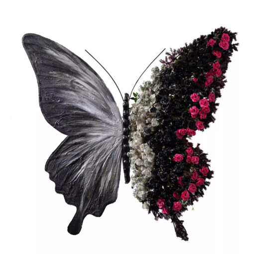 legant Butterfly Backdrop with Bold Romantic Floral Design in Black, White, and Pink Accents