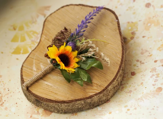 Boutonniere with Bluebells, Sunflowers, and Antlers